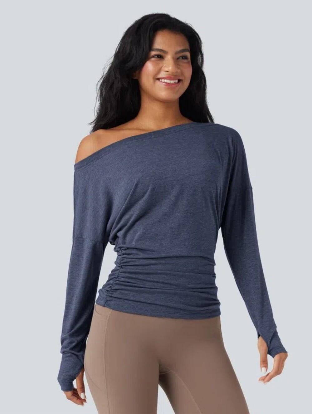 HALARA One Shoulder Long Sleeve Ruched Yoga Sports Top Smoked Blue Womens Large